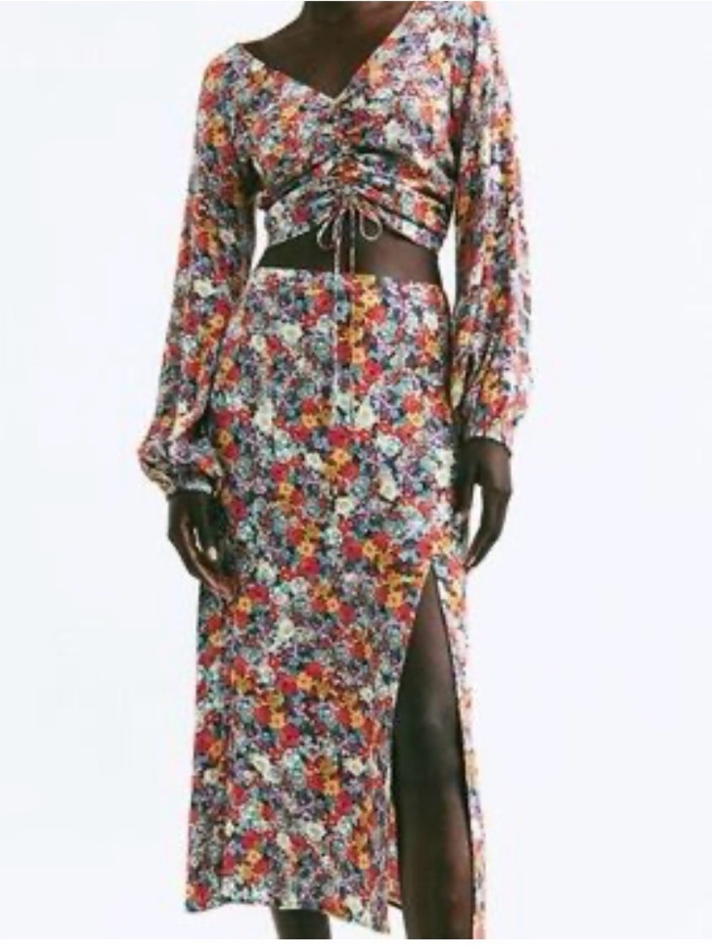 H&M Floral Midi Skirt in Red, Purple, Yellow, Pink, Green